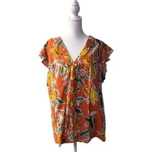 Rachel Roy Plus Size 1X Orange Floral Print V-Neck Blouse Top Linen